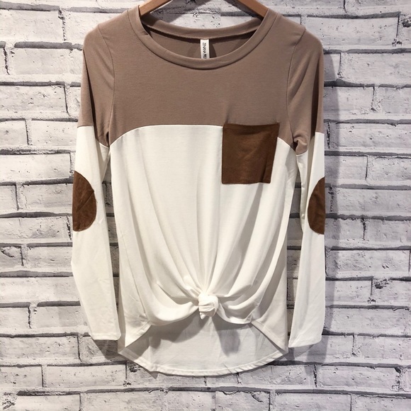 Zenana Outfitters Tops - New! Taupe White Pocket Elbow Patch Top Tee Shirt